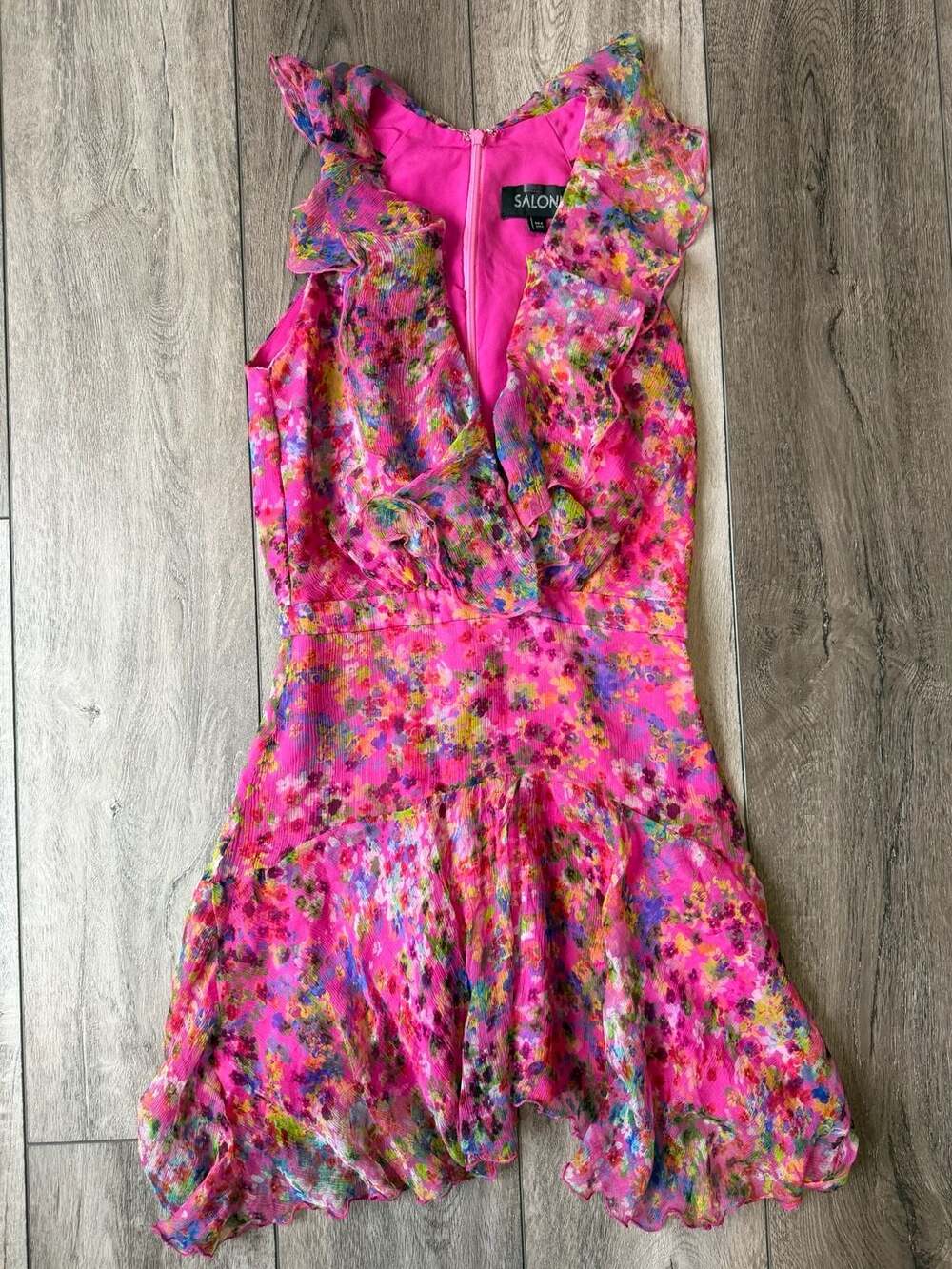 Saloni Lucia Mini Dress US 0 Pink Floral 100% Silk Chiffon Ruffle
